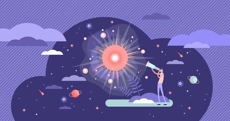 Big bang theory exploration flat tiny person concept vector illustration. Looking in telescope to the history of universe. Science facts and knowledge data. Cosmos research with human curiosity drive.のイラスト素材