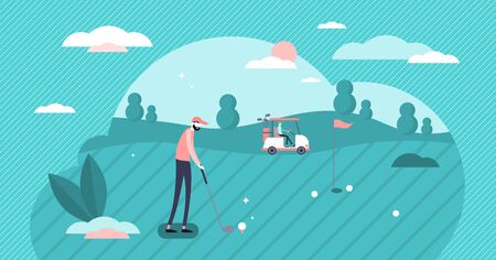 Golf play tiny persons vector illustration concept. Professional sports player focus and determination on achieving goals. Accuracy while going on target. Training persistence and daily hard work.のイラスト素材