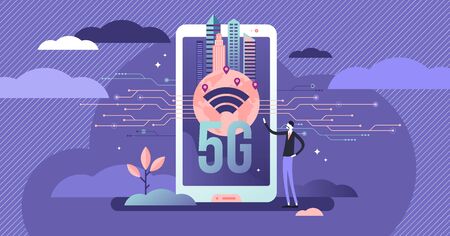 5G modern data concept, flat tiny person vector illustration. Fast cellular signal, system for wireless network. Improved connection quality, communication speed. Urban future infrastructure tech.のイラスト素材