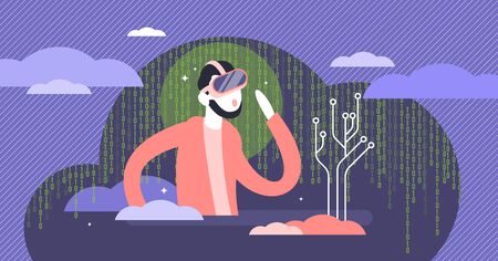 Virtual reality cyberspace experience flat tiny person vector illustration concept. Digital dimension sense illusion and simulated illusion. Wearable tech gaming console user playing experiences.のイラスト素材