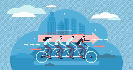 Teamwork motivated cooperation power concept, flat tiny persons vector illustration. Determined businessman riding tandem bike, fast moving to overcome the challenge and achieve company success goals.のイラスト素材