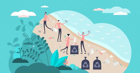 Volunteer team cleaning plastic pollution waste on the beach near forest. Flat tiny persons concept vector illustration. Planet environment problem and waste crisis. Global sustainability balance.のイラスト素材