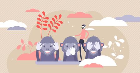 Monkey see, monkey do or Three wise monkeys concept, flat tiny person vector illustration. Japanese proverbial principle. See no evil, hear no evil, speak no evil. Emotion expression with cute apes.のイラスト素材