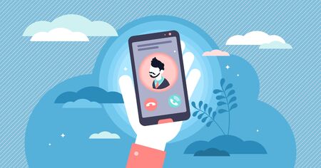 Incoming call concept flat tiny person vector illustration. Hand holding phone to pick up conversation. Mobile screen with male contact profile avatar. Colleague or boss work or private communication.のイラスト素材
