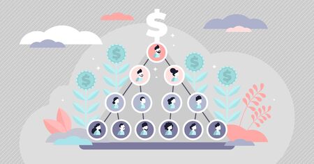 Ponzi scheme vector illustration. Flat tiny money fraud persons concept. Pyramid network with investors group as victims in fake company profit statistics. Criminal cheat and scam with funds tricks .のイラスト素材