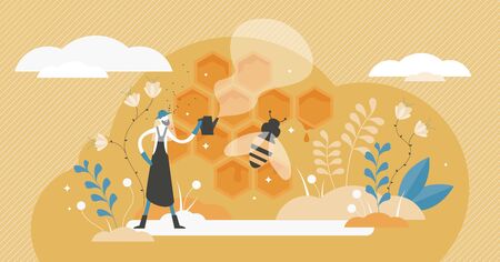 Beekeeping vector illustration. Bee honey occupation in flat tiny persons concept. Insect nectar collection harvesting agriculture for healthy and tasty products. Cell farms worker as food profession.のイラスト素材