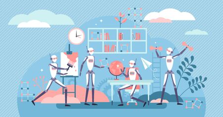 Robots learning vector illustration. AI cognition in flat tiny persons concept. Artificial intelligence development as self teaching and research activity. New cyborg brain generation for industry 4.0のイラスト素材