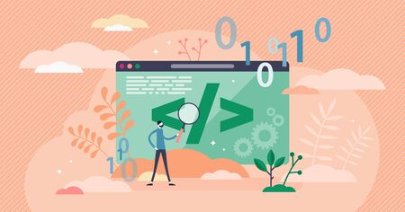 Learn coding vector illustration. IT education process in flat tiny persons concept. Technological development with binary code programming and computer language understanding to write new software.のイラスト素材