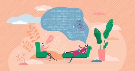 Therapy session concept, flat tiny person vector illustration. Psychological trauma and stress discussion process. Mind and thoughts analysis. Abuse and anxiety treatment system. Modern life issues.のイラスト素材