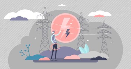 Electricity industry concept, flat tiny electrician worker person vector illustration with electrical poles and cables. Circle lightning symbol sign. Abstract green renewable energy infrastructure.のイラスト素材
