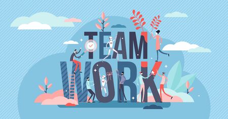 Teamwork activity concept, tiny person vector illustration. Mutual business goals and putting strengths together for more productive work and growth. Cooperation between humans and AI robot machines.のイラスト素材