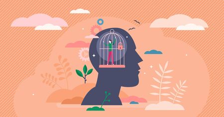 Mind prison psychological concept, flat tiny person vector illustration. Head silhouette with personal mental trap as closed cage. Personal growth issue and distorted world view. Stuck in comfort zoneのイラスト素材