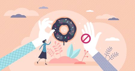 Healthy choices dieting concept, flat tiny female person vector illustration with giving and stopping hand. Tasty sweet donut temptation and commitment to stick to the weight loss plan and being fit.のイラスト素材