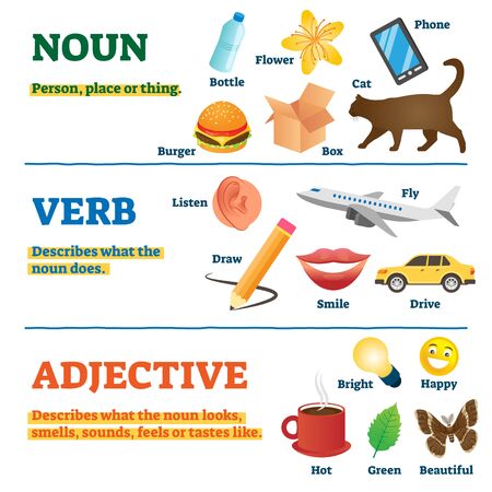 Nouns, verbs and adjectives school study guide, vector illustration collection. Illustrated examples of things, actions and object properties. Building sentence structure and understanding grammar.のイラスト素材