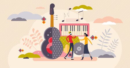 Music festival abstract concept, flat tiny person vector illustration. Musical party event with stylized instruments and dancing fun couple. Entertainment industry audio performance show.のイラスト素材