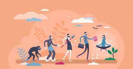 Evolution sequence stages concept, flat tiny person vector illustration. Human growth from primitive...