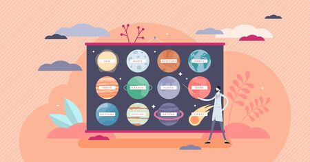 Planets education concept, flat tiny person vector illustration. Learning earth solar system celestial objects. School science class teacher with astrology presentation. Sun, moon and all planets set.のイラスト素材