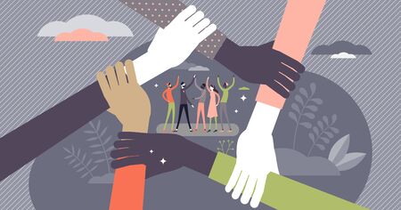 Teamwork concept, flat tiny persons vector illustration. Team members group ready to work and reach...