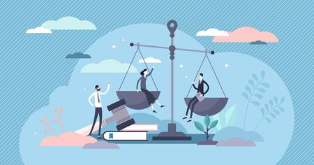 Justice concept, tiny persons vector illustration. Weights and lawyer hammer symbol. Equality and freedom measurement with persons sitting on scales. Social protection and punishment system balance.のイラスト素材