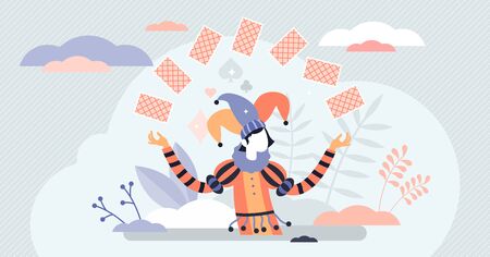 Jocker card game character concept, flat tiny person vector illustration. Abstract life and business risk taking symbol. Tricky fortune promising person. Gambling and relying on the luck.のイラスト素材