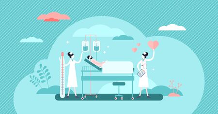 Nursing hospital stuff concept, flat tiny persons vector illustration. Clinical help and assistance for global COVID-19 Corona virus pandemic victims. Emergency room work professional aid service.のイラスト素材