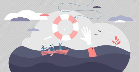 Crisis help vector illustration. Economical business support tiny persons concept. Government money assistance in coronavirus Covid-19 pandemic caused bankruptcy. Metaphoric scene with sinking boat.のイラスト素材