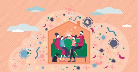 Stay home vector illustration. Family inside house tiny persons concept. Coronavirus Covid-19 transmission risk prevention by not going outside. Health protection from dangerous microbe environment.のイラスト素材