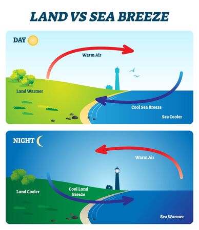 Land vs sea breeze vector illustration. Labeled educational shore wind explanation scheme. Day and night air movement comparison with thermal warm and cold air circulation diagram. Local weather causeのイラスト素材