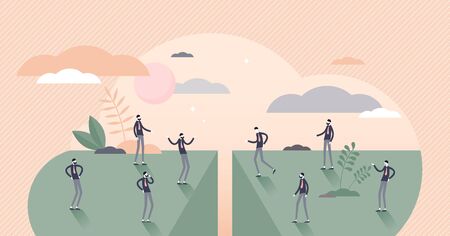 Divided people vector illustration. Social community separation tiny persons concept. Split population and polarize crowd with stereotypes unequal income and opinion. Abstract problem visualization.のイラスト素材