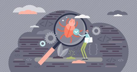 Bug fixing vector illustration. Programming corrupt errors flat tiny persons concept. IT software or...