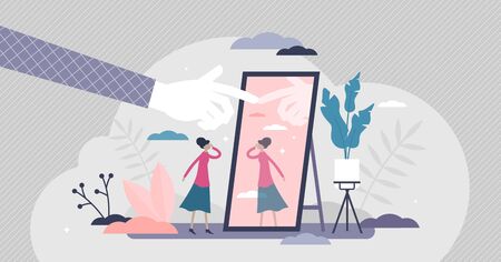 Self absorption concept, flat tiny person vector illustration. Relationships with self image and personal analysis. Reflection thoughts on life attitude and personality traits. Inner awareness processのイラスト素材