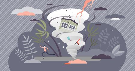 Hurricane vector illustration. Tropical cyclone flat tiny persons concept. Dangerously strong whirlpool wind and lightening storm. Nature disaster and house destruction scene. Meteorological overcast.のイラスト素材