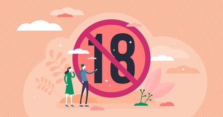 Under 18 vector illustration. Age restriction flat tiny persons concept. Eighteen plus year old control warning sign. Adult age content attention label. No children circle as limited access ban symbolのイラスト素材