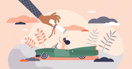 Remote graduation ceremony concept, tiny person vector illustration. Receiving college or university diploma. Female student with a car getting study diploma certificate. COVID-19 safety caution.のイラスト素材