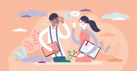 Nerds vector illustration. IT geek clothing style flat tiny persons concept. Couple with vintage and trendy elements. Glasses, books, suspenders and computers as dork intelligence and clever symbols.のイラスト素材