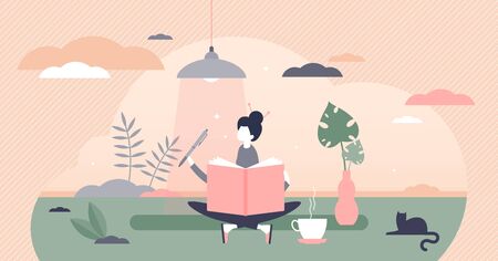 Journaling vector illustration. Writing daily diary flat tiny persons concept. Self expression in text note as psychological trauma therapy or treatment. Style of communication as stress reliever.のイラスト素材