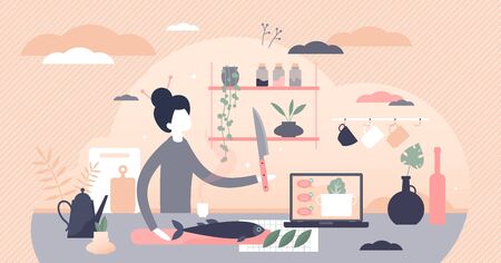 Cooking vector illustration. Female fish preparation scene in flat tiny persons concept. Home kitchen process visualization with mom daily culinary process. Recipe meal with nutrients in ingredients.のイラスト素材