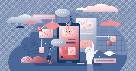 User friendly experience vector illustration. Web feedback flat tiny persons concept. Application usability optimization for home page or application easy usage. Customer opinion analysis management.のイラスト素材