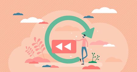 Recap summary repeating vector illustration. Review learned information flat tiny person concept. Message repetition as study method for better info recall or remember. Abstract symbolic visualizationのイラスト素材