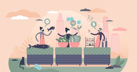 Local food market with bio products in flat tiny persons concept vector illustration. Healthy raw organic vegetable harvest on street stand. Domestic biological retail sale and shopping in urban town.のイラスト素材