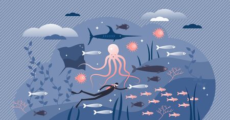 Ocean life with underwater fauna in flat tiny persons concept vector illustration. Sea wildlife drawing with diver and fishes as beautiful nature scene. Tropical environment exotic deep swimming.のイラスト素材