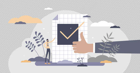 Confirm ok sign in checkbox and positive thumbs up in tiny persons concept. Symbolic scene with approve, accept and validation elements vector illustration. Successful test approval visualization.のイラスト素材