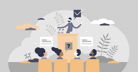 Conference meeting with presentation lecture and speech tiny persons concept. Professional seminar with training vector illustration. Speaker and audience abstract employee discussion visualization.のイラスト素材