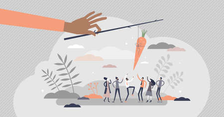 Carrot and stick metaphor as treat teasing visualization tiny person concept. Employee motivation method with award dangling vector illustration. Reward and punishment usage to induce desired behaviorのイラスト素材