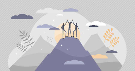 Success achievement and top goal fulfillment teamwork tiny persons concept. Abstract scene with peak...