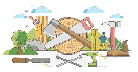 Woodworking process and carpentry craftsman occupation scene outline concept. Professional wood material instruments and equipment vector illustration. Planer, chisel and nails for making handicrafts.のイラスト素材