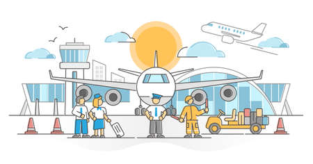 Airport with flight crew, pilot, attendants and loader as occupation scene outline concept. Commercial aviation ground handling team with professional cargo departure and arrival boarding service.のイラスト素材