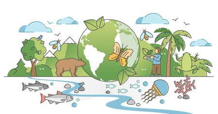 Biodiversity as natural wildlife species or fauna protection outline concept. Ecosystem climate difference with vegetation and habitat saving vector illustration. Ecology and endangered bio life.のイラスト素材