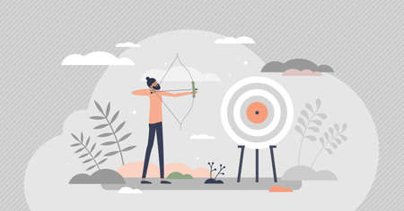 Archery as aim arrows accuracy sport and target reaching tiny person concept. Business precision as...