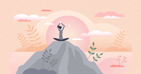 Wellness as physical and mental health harmony balance tiny persons concept. Mind peace control with yoga and calm meditation in nature vector illustration. Daily habits for improving life quality.のイラスト素材
